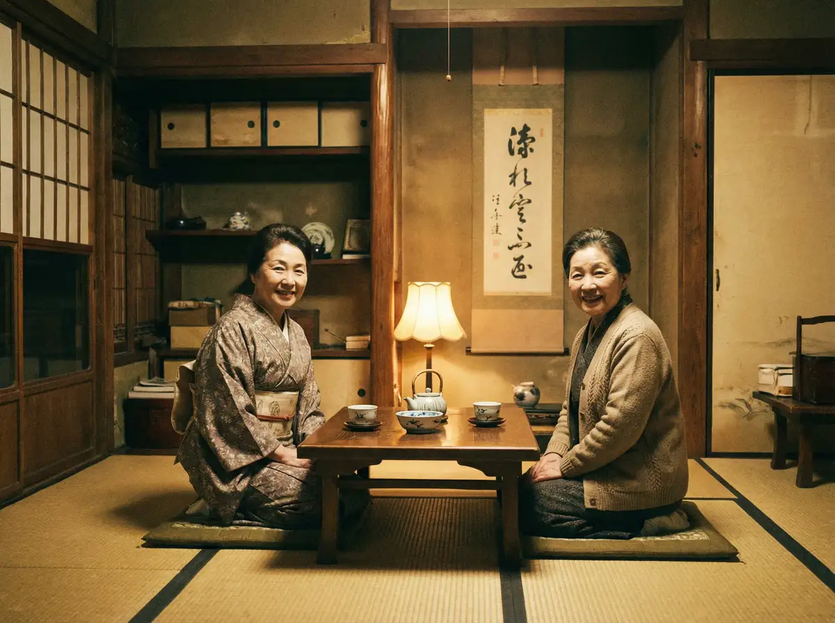 两位优雅的 夏晴子 在日式茶室中品茶交谈